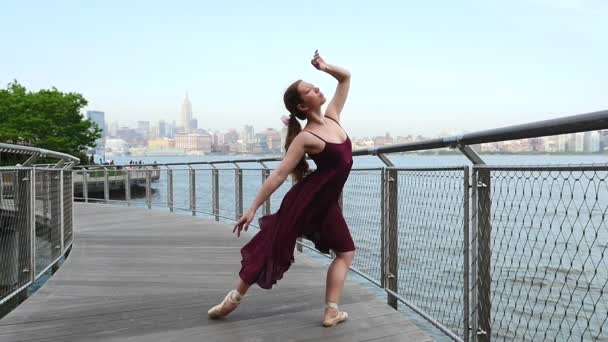 Fiatal Gyönyörű Balerina Tánc Mentén New Jersey Vízparton New York — Stock videók