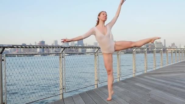 年轻美丽的芭蕾舞演员在新泽西海滨与纽约天际线伴舞 — 图库视频影像