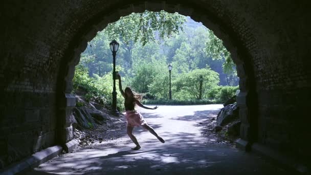 Joven Hermosa Bailarina Bailando Central Park Nueva York Con Fondo — Vídeo de stock