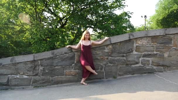 ニューヨークのセントラルパークでスカイラインを背景に踊る若い美しいバレリーナ — ストック動画