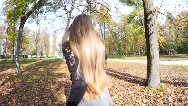 Sonriente retrato de cerca de la joven rubia en un parque en aut — Vídeo de stock