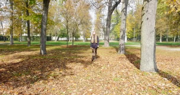 Smiling close up portrait of young blonde woman in a park in aut — Stock Video