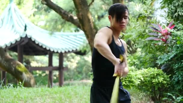 Asiático Hombre Entrenamiento Aire Libre Oriental Martial Arts — Vídeos de Stock