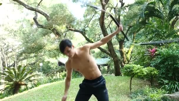 Asiático Hombre Entrenamiento Aire Libre Oriental Martial Arts — Vídeos de Stock