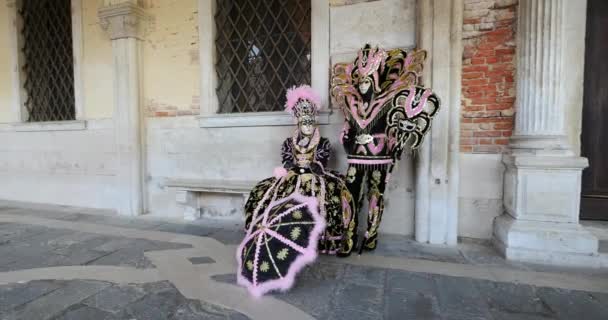 Menschen Masken Hafen Mit Sonnenuntergang Karneval Von Venedig Italien — Stockvideo