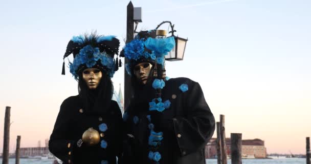 People Masks Harbor Sunset Sky Carnival Venice Italy — Stock Video