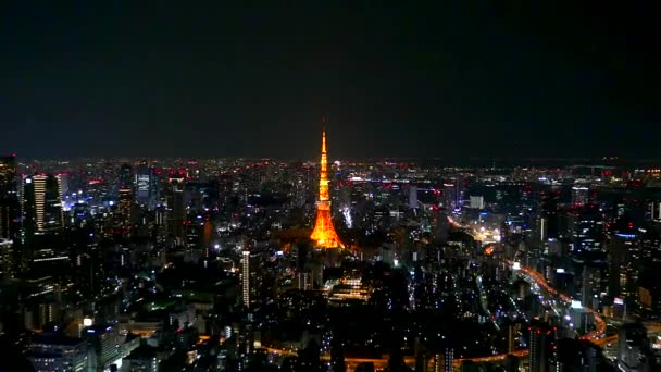 Flygvy Över Tokyotornet Upplyst Natten — Stockvideo