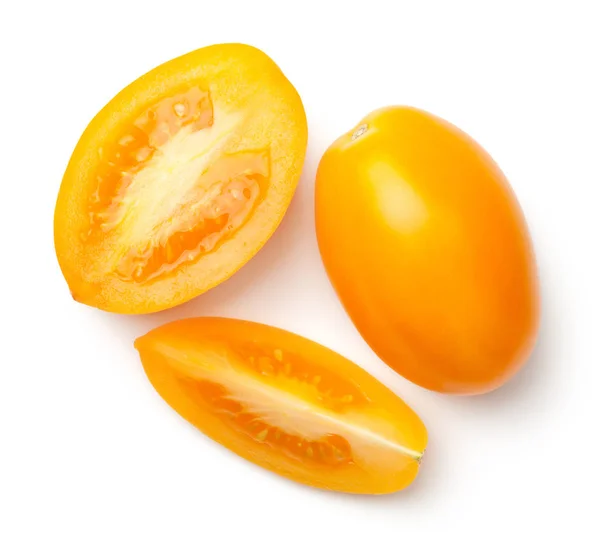 Tomates Ameixa Amarela Isolados Fundo Branco Vista Superior — Fotografia de Stock