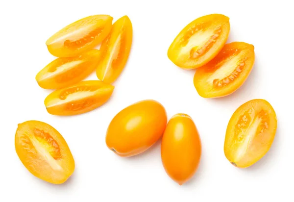 Tomates Ameixa Amarela Isolados Fundo Branco Vista Superior — Fotografia de Stock