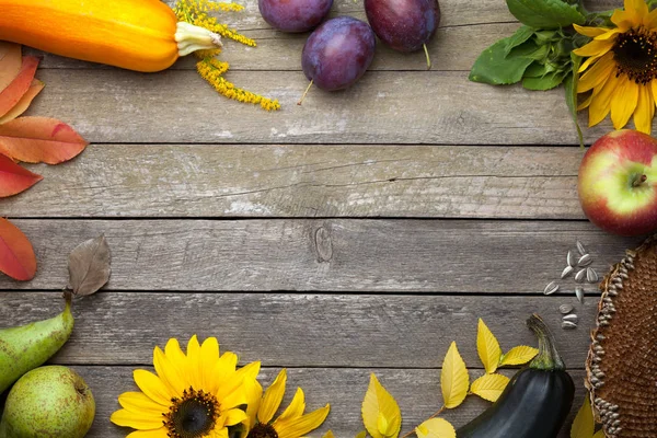 Sfondo Autunnale Con Frutta Girasoli Ricevuto Vista Dall Alto — Foto Stock