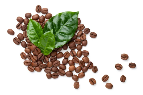 Kaffeebohnen Mit Grünen Blättern Isoliert Auf Weißem Hintergrund Flache Lage — Stockfoto