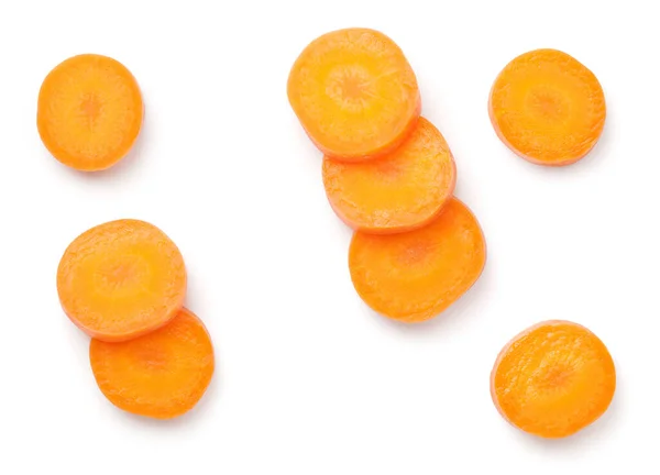 Karottenscheiben Isoliert Auf Weißem Hintergrund Flach Lag Ansicht Von Oben — Stockfoto