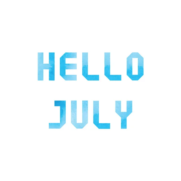 Carte Hello July Avec Aquarelle Bleue Sur Fond Blanc — Image vectorielle