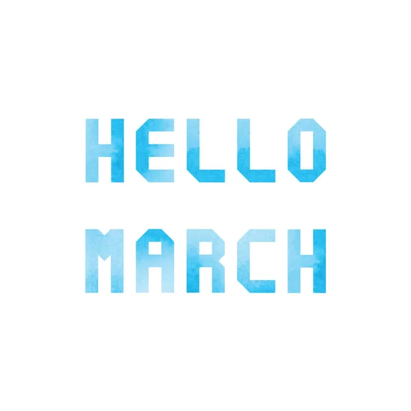Hello March Card Blue Watercolor White Background — Stock Vector
