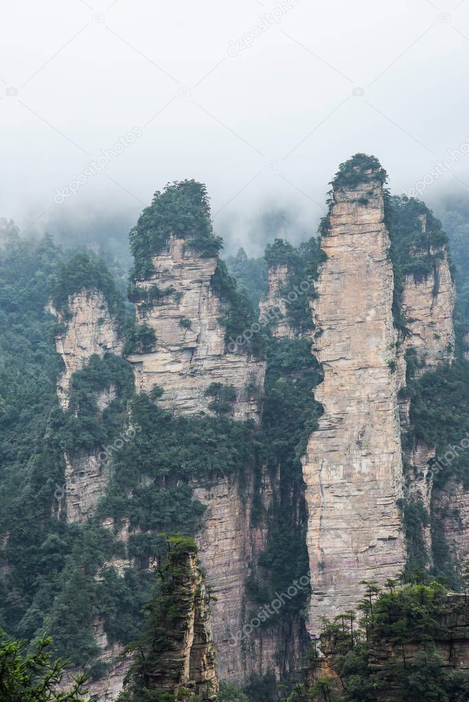 Landscape of mountains in Zhangjiajie. Located in Wulingyuan Scenic and Historic Interest Area which was designated a UNESCO World Heritage Site in China.