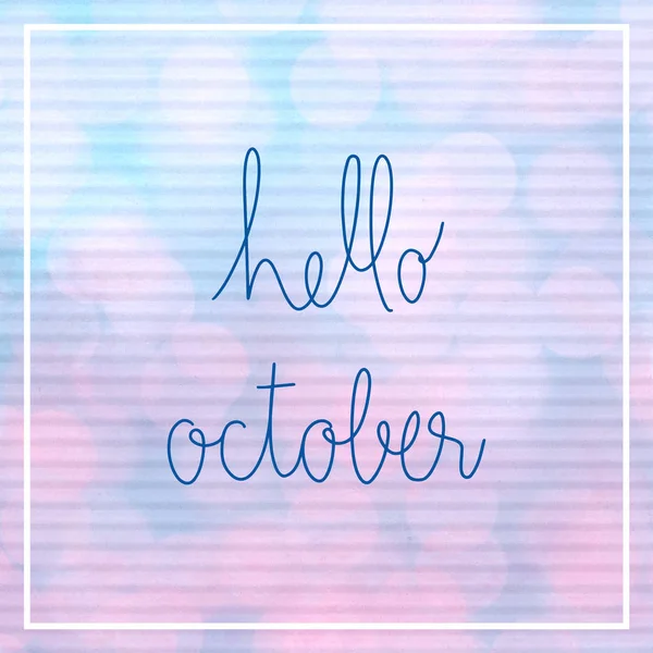 Olá Outubro Lettering Com Luz Bokeh Papel Ondulado Azul Rosa — Fotografia de Stock