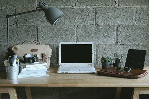 Creative Workplace Blank Computer Screen Accessories Vintage Tone — Stock Photo, Image