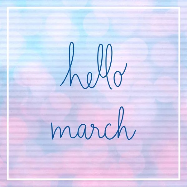 Hello March Lettering Con Bokeh Light Carta Ondulata Blu Rosa — Foto Stock