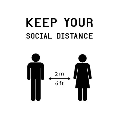 COVID-19 Coronavirus vektör ikonu ve sosyal mesafe konsepti. Sosyal mesafeni koru..