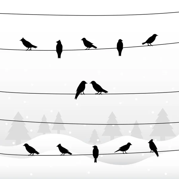 Kış Arka Planında Kablolardaki Kuşların Silueti Vektör Illüstrasyonu — Stok Vektör