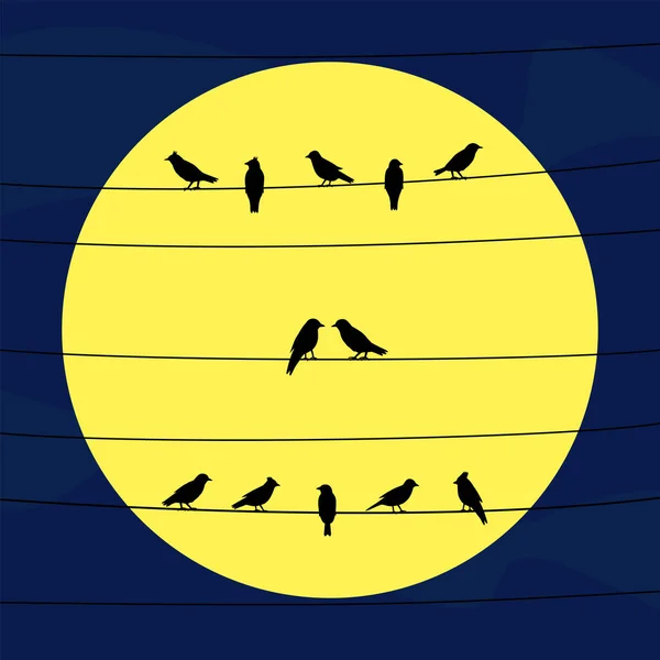 満月の光の中でワイヤ上の鳥のシルエット バレンタインデーのコンセプト — ストックベクタ