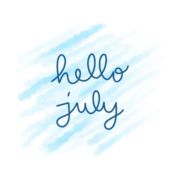 Hallo Juli Met Hand Belettering Met Blauwe Aquarel Witte Achtergrond — Stockvector