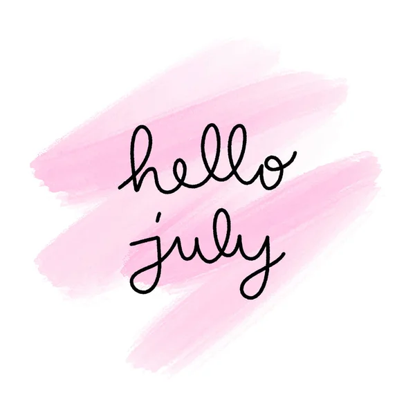 白い背景にピンクの水彩でこんにちは7月の手のレタリング — ストックベクタ