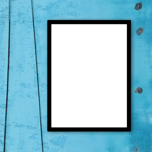 Foto Mockup Quadro Com Fio Preto Parede Azul Estilo Mínimo — Fotografia de Stock