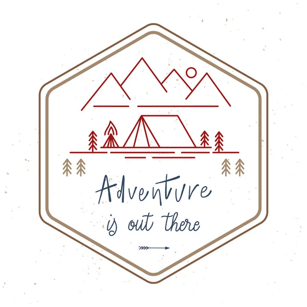 Macera, soyut suluboya sıçratmalarla dolu el yazmaları. Rozet ve etiket. Orman kamp konsepti.