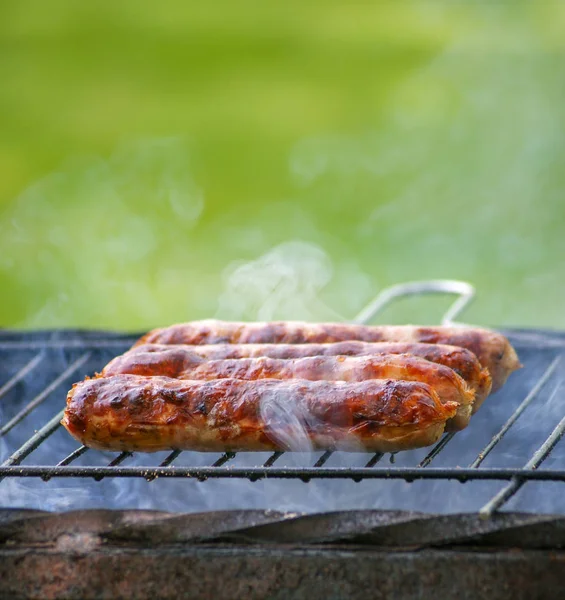 Sosis içiyor, bahçedeki çimlerin üstünde ızgara kavrulmuş