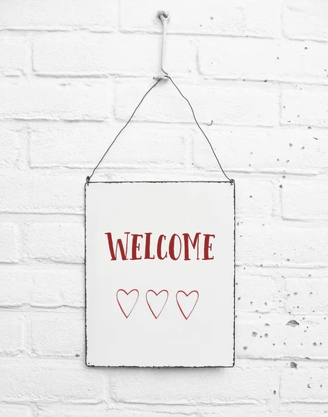 Welcome Text Three Cute Little Red Hearts White Square Metal — Stock Photo, Image