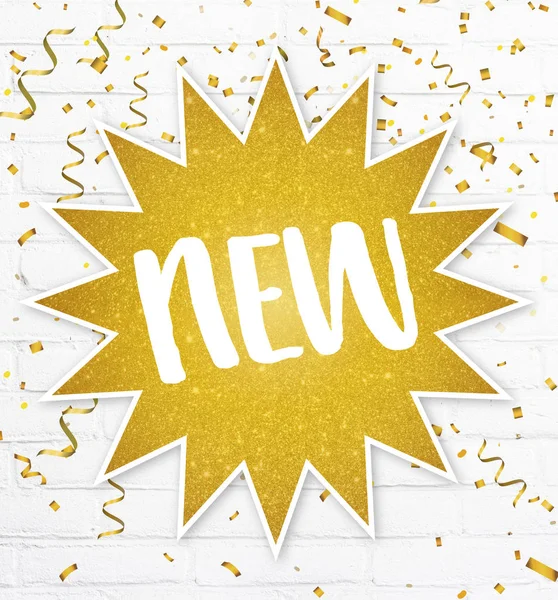 Tekstlabel Nieuw Gouden Glitter Ster Met Confetti Achtergrond Teken Voor — Stockfoto