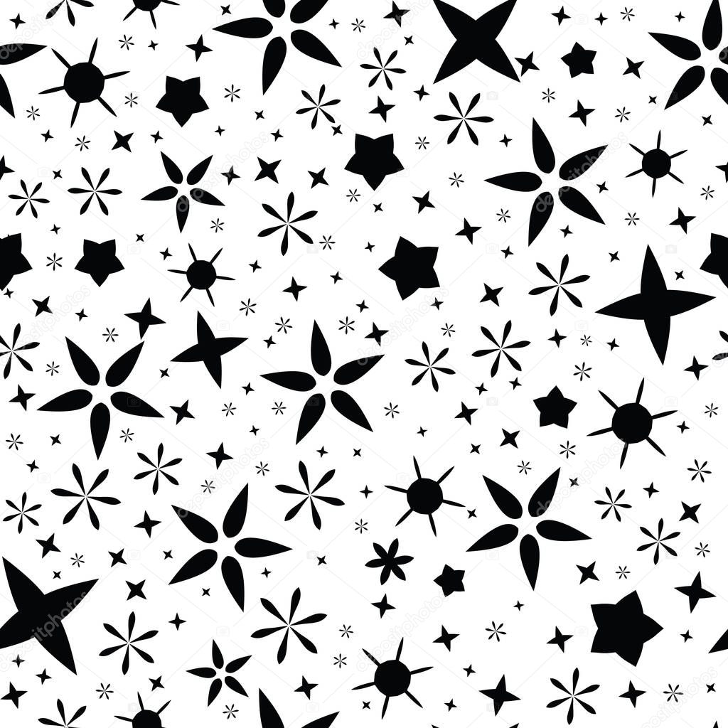 Black on Wite Starry Night Sky Seamless Vector Pattern. Drawn Silhouette Stars llustration for Winter Fashion Prints, Christmas Packaging, Magical Paper Goods, Nordic Wrap or Stationery. Monochrome