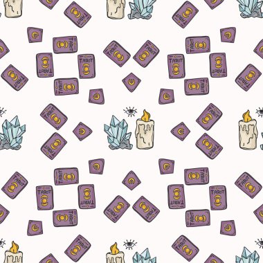 Sorunsuz vektör desen. Dikkatli Tarot Kart okuma. Mistik semboller ve meditasyon mum, manevi anlayış için kristalleri ile iyileşmesi konsept illüstrasyon iyi olmak. Lila mor yeşil mavi