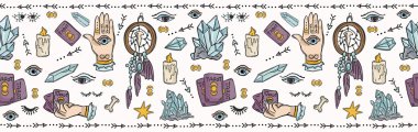 Sorunsuz vektör sınır, manevi semboller ve meditasyon mum ile kristalleri şifa üzerinde konsept illüstrasyon iyi olmak. Dikkatli Tarot Kart Okuma manevi anlayış için. Lila mor yeşil mavi
