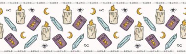 Sorunsuz vektör sınır, mistik semboller ve meditasyon mum ile kristalleri şifa üzerinde konsept illüstrasyon iyi olmak. Dikkatli Tarot Kart Okuma manevi anlayış için. Lila mor yeşil mavi