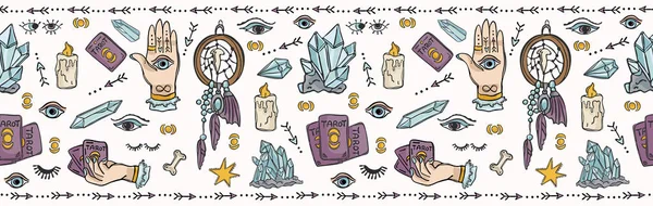 Sorunsuz vektör sınır, manevi semboller ve meditasyon mum ile kristalleri şifa üzerinde konsept illüstrasyon iyi olmak. Dikkatli Tarot Kart Okuma manevi anlayış için. Lila mor yeşil mavi