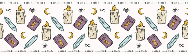 Sorunsuz vektör sınır, mistik semboller ve meditasyon mum ile kristalleri şifa üzerinde konsept illüstrasyon iyi olmak. Dikkatli Tarot Kart Okuma manevi anlayış için. Lila mor yeşil mavi