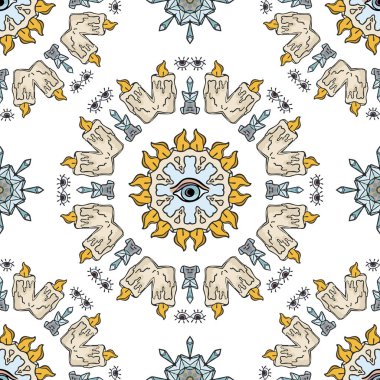 Kutsal ezoterik kuvars kristal mum Magic. Sorunsuz vektör desen çizim. Enerji Mandala. Mistik göz bilinç sembolü. Manevi sevgi ve ışık meditasyon şifa. Turkuaz güneş sarı