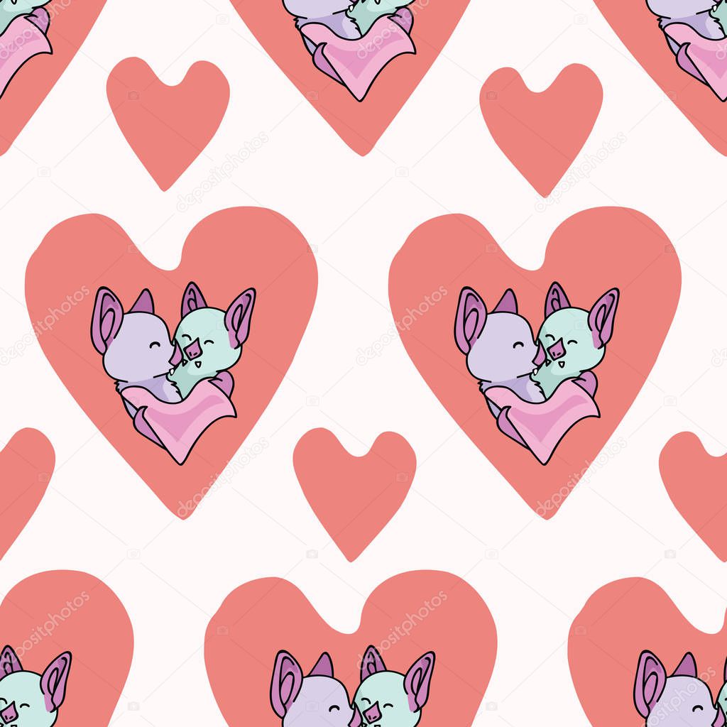Vector coral bat hug hearts. Seamless repeat pattern. Hand drawn 2 bats hugging inside love heart for romantic valentines day, wedding or wildlife celebration background. Free hug concept.