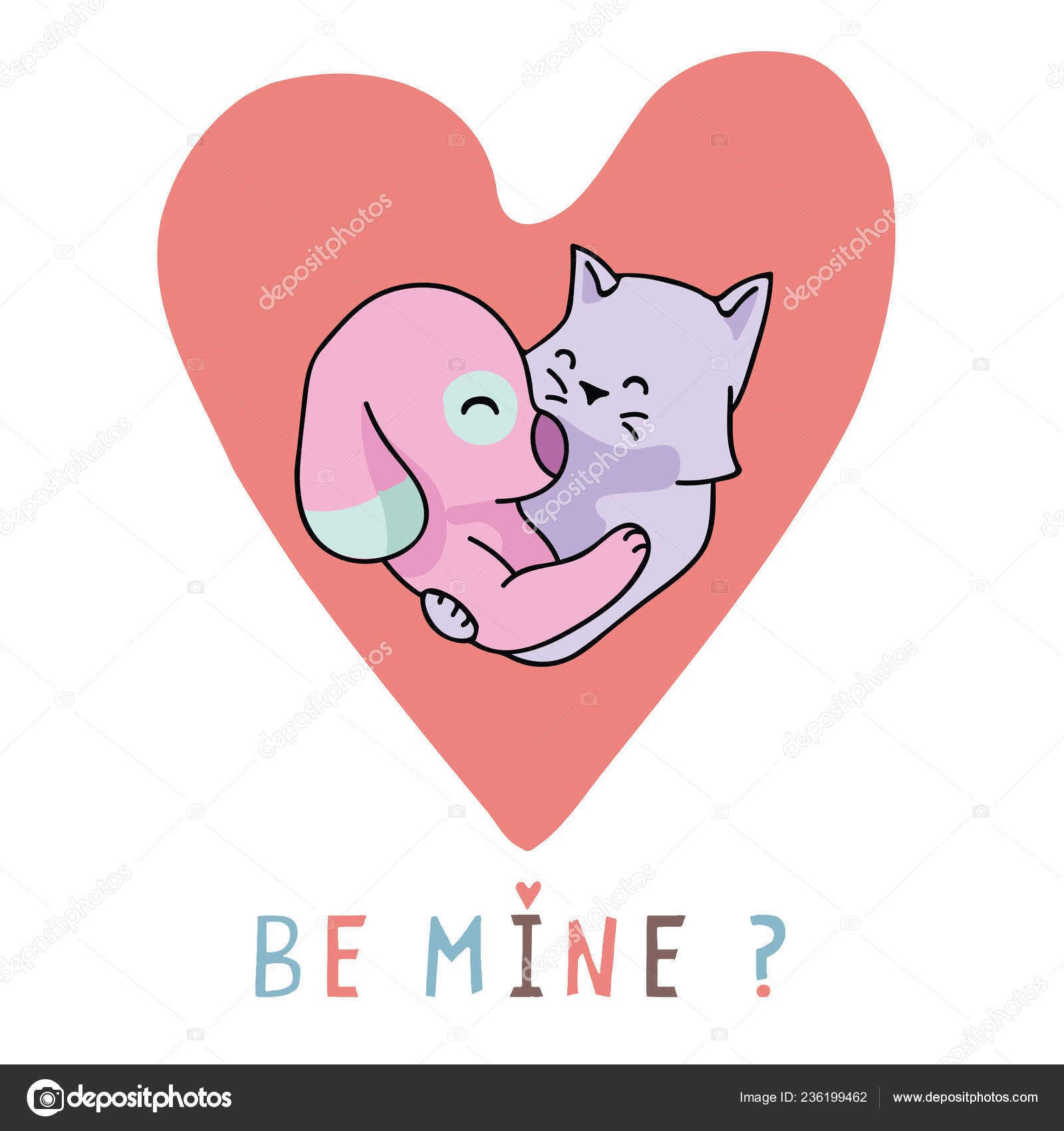 Two cats in love hug doodle icon. Cute pets - Stock