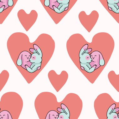 Vektör sevimli tavşan sarılmak kalp. Seamless yineleme modeli. Çekilmiş 2 tavşan tavşan aşk kalp içinde romantik Sevgililer günü için sarılma el düğün veya evde beslenen hayvan arka plan yıldönümü. Bedava sarılmak kavramı.