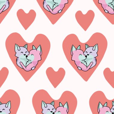 Vektör şirin fox kalpler sarıl. Seamless yineleme modeli. Çekilmiş 2 foxy hayvanlar aşk kalp içinde romantik Sevgililer günü için sarılma el düğün veya evde beslenen hayvan arka plan yıldönümü. Bedava sarılmak kavramı.