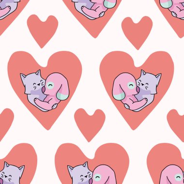 Vektör şirin kedi köpek sarılmak kalp. Seamless yineleme modeli. Çekilmiş 2 evde beslenen hayvan hayvanlar aşk kalp içinde romantik Sevgililer günü için sarılma el düğün veya evde beslenen hayvan arka plan yıldönümü. Bedava sarılmak kavramı.