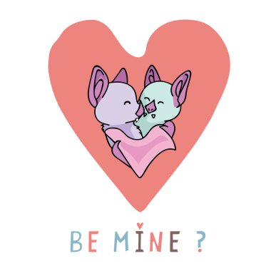 Vektör mercan yarasa sarılmak kalp ile benim metin olarak. El çizilen illüstrasyon motif. 2 yarasalar romantik Sevgililer günü, düğün veya teklif clipart için kırmızı aşk kalbin içindeki sarılma.