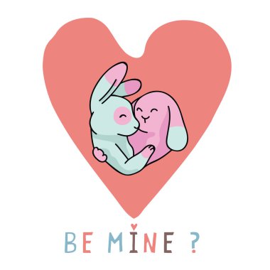 Vektör sevimli tavşan sarılmak kalp ile benim metin olarak. El çizilen illüstrasyon motif. 2 karikatür tavşan hayvanlar içinde sarılma kalp romantik Sevgililer günü, düğün ya da kawaii teklif clipart için seviyorum..