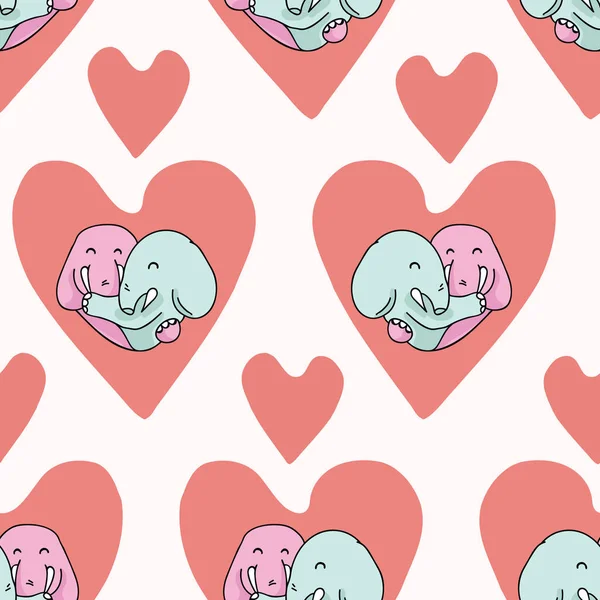 Vector Cute Elephant Hug Hearts Seamless Repeat Pattern Hand Drawn — Stock Vector