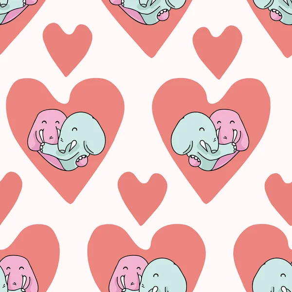 Vector Lindo Elefante Abrazo Corazones Patrón Repetición Sin Fisuras Dibujado — Vector de stock