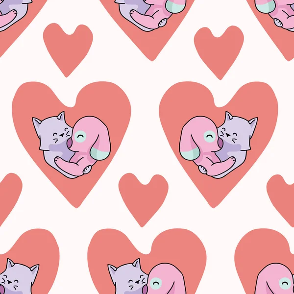 Vektör şirin kedi köpek sarılmak kalp. Seamless yineleme modeli. Çekilmiş 2 evde beslenen hayvan hayvanlar aşk kalp içinde romantik Sevgililer günü için sarılma el düğün veya evde beslenen hayvan arka plan yıldönümü. Bedava sarılmak kavramı.
