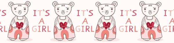 かわいい女の子テディベア シームレスなベクトル境界線です 新しい赤ちゃん発表ピンク漫画のスタイルで印刷 手には かわいい赤ちゃんシャワー イラストが描かれました 乙女チックなバナー リボン — ストックベクタ